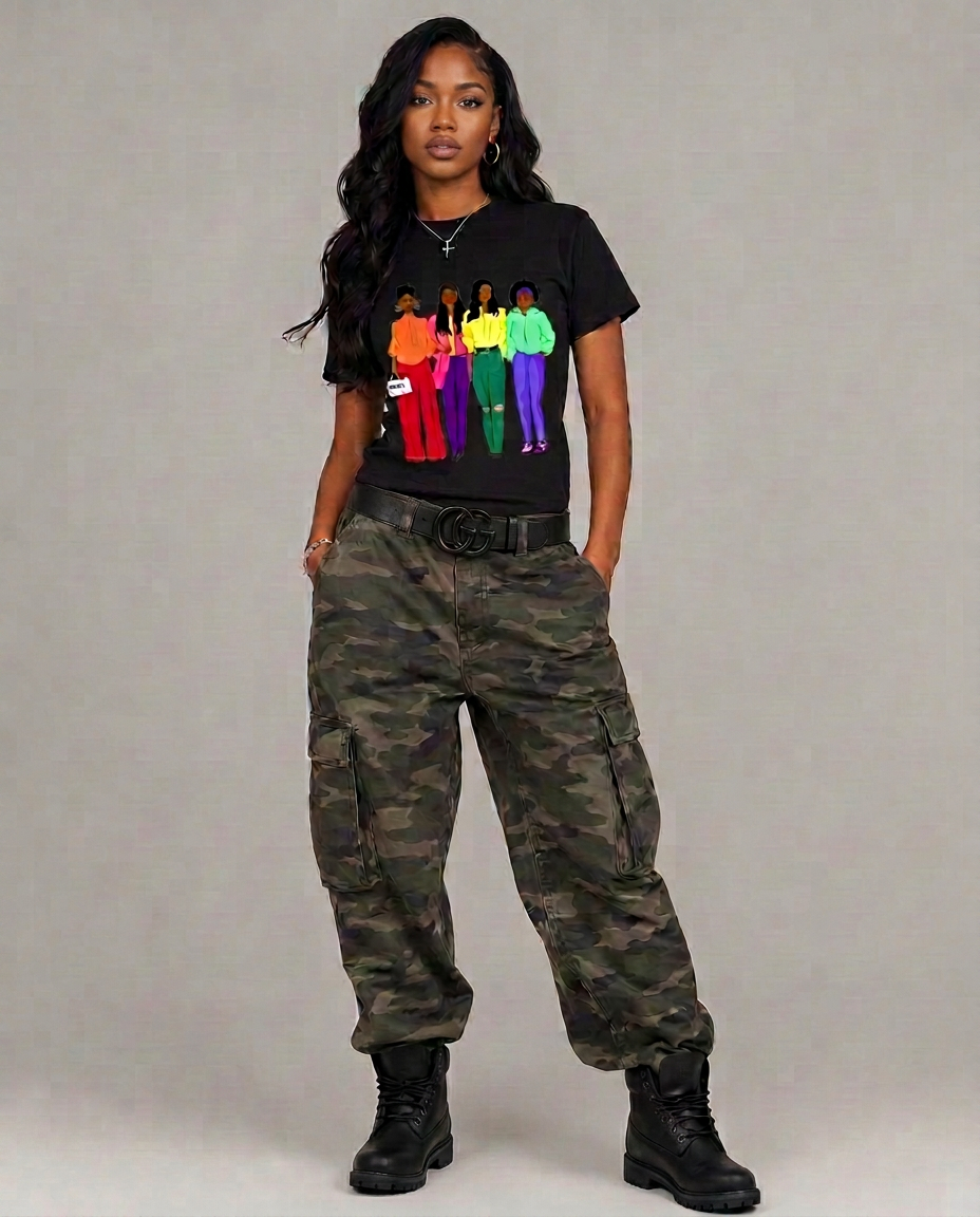 Model wearing the Fashion Bold short sleeve tee with camouflage cargo pants