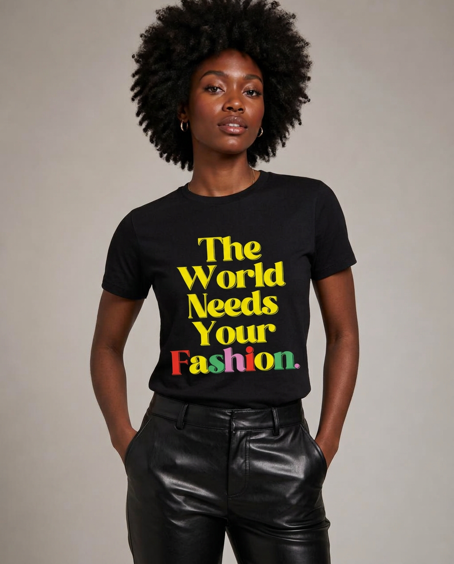 Model wearing The World Needs Your Fashion short sleeve t-shirt with black leather pants