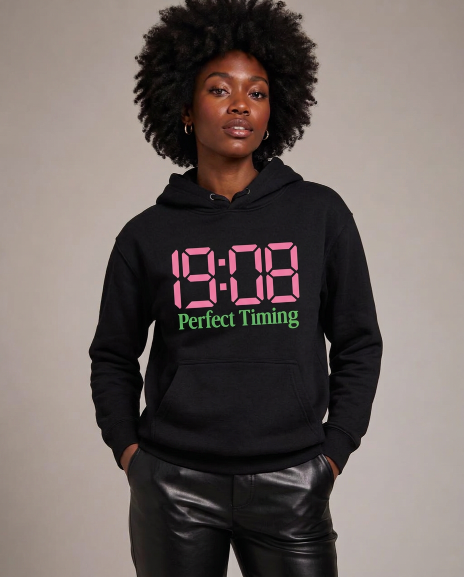 Model wearing the black 1908 Perfect Timing hoodie with black leather pants